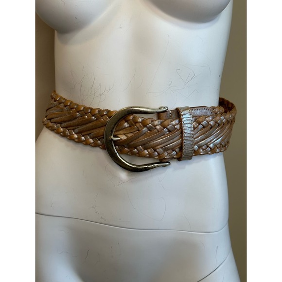 Linea Pelle Accessories - Linea Pelle Tan Silver Gold Metallic Braided Leather Belt sz M 41"